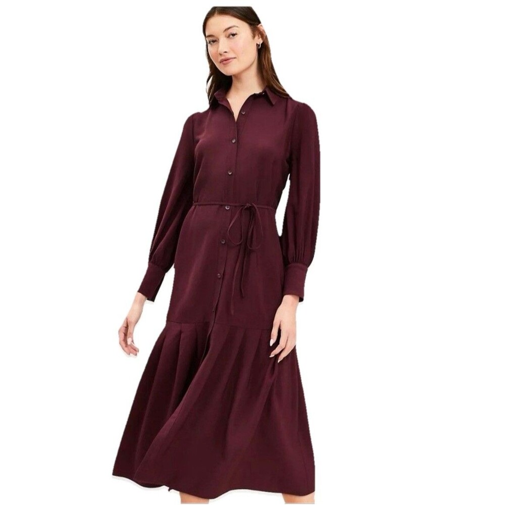 Loft Pleated Tie Waist Midi Shirtdress Size 6P Burgundy Long Sleeve Ann Taylor